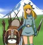 accessory bangs blonde_hair blue_clothing blue_eyes blue_gloves blue_handwear clothing cloud cosplay female front_view gloves grass hair hair_accessory hair_ribbon handwear head_tilt knife long_hair looking_at_viewer melee_weapon mountain oldschool outside parody plant retro_artstyle ribbons sky sword weapon takaya_n alps_no_shoujo_heidi ghibli heidi_(book) kaze_no_tani_no_nausicaa nausicaä_of_the_valley_of_the_wind world_masterpiece_theater joseph_(alps_no_shoujo_heidi) klara_sesemann nausicaä canid canine canis domestic_dog human mammal molosser mountain_dog saint_bernard hi_res