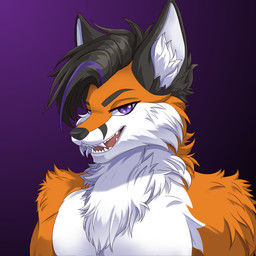 anthro black_body black_fur black_hair black_markings chest_tuft fur gradient_background hair highlights_(coloring) looking_at_viewer male markings open_mouth orange_body orange_fur purple_background purple_eyes purple_hair purple_highlights sharp_teeth simple_background solo teeth tuft white_body white_fur altaluna skyler_(skylervulpine) canid canine fox mammal red_fox true_fox 1:1 absurd_res hi_res