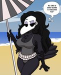 anthro beach beach_umbrella breasts cleavage clothed clothing dialogue female parasol seaside solo swimwear text harry_amorós ingrid_the_plague_doctor ingrid_(harry_amoros) avian absurd_res english_text hi_res