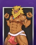 5_fingers absurd_res angry anthro ball_slip balls bandai_namco barely_visible_balls barely_visible_genitalia blonde_hair bodily_fluids bottomwear bulge clothed clothing cuff_(restraint) cum digimon digimon_(species) drooling ear_piercing ear_ring erection fingers fur genital_fluids genitals hair hi_res hypnosis hypnotic_visor jock jockstrap kento267 kidnap kidnapping leomon male mind_break mind_control muscular muscular_anthro muscular_male muscular_sub nipples orange_body orange_fur pants piercing precum restraints ring_piercing saliva shackles side_balls solo speedo spiral submissive submissive_male swimwear underwear visor
