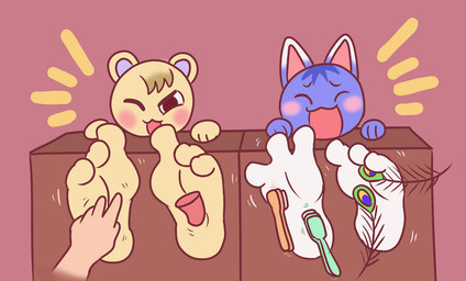 3_toes anthro blue_body blue_fur blush brush disembodied_hand disembodied_tongue eyes_closed feathers feet female foot_fetish foot_focus foot_lick foot_play fur group hair laugh licking loose_feather male motion_lines multicolored_body multicolored_fur one_eye_closed open_mouth open_smile peacock_feather plantigrade restrained smile soles tan_body tan_fur tickle_fetish tickle_torture tickling tickling_feet toes tongue toothbrush trio white_body white_fur compysteps animal_crossing nintendo marshal_(animal_crossing) rosie_(animal_crossing) domestic_cat felid feline felis mammal rodent sciurid tree_squirrel