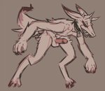 anthro balls bent_over biped claws collar collar_only digitigrade erection fangs fluffy fluffy_tail fur genitals horn hunched_over large_fangs male nude penis simple_background simple_coloring smile snout solo tail teeth teeth_showing lawyerdog canid mammal