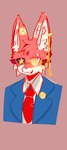 anthro black_sclera cheek_tuft circle_eyebrows clothed clothing eyebrows facial_tuft fangs fur inner_ear_fluff male mismatched_eyes necktie pointy_ears prick_ears red_body red_fur simple_background smile solo star_pupils suit teeth tuft bolin ace_attorney capcom mammal absurd_res bust_portrait hi_res portrait