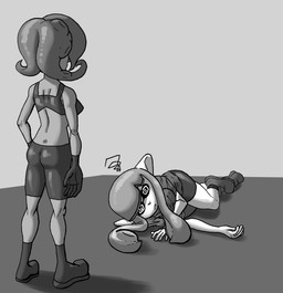 butt clothing duo female gloves handwear on_ground captainfuckbus nintendo splatoon animal_humanoid aquatic aquatic_humanoid cephalopod cephalopod_humanoid humanoid inkling mollusk mollusk_humanoid octarian octoling 2024 greyscale hi_res monochrome