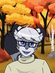 anthro autumn black_body black_fur blue_body blue_eyes blue_fur blue_mouth blue_tongue clothing dipstick_tail eyewear front_view fur glasses grey_body grey_fur hair leopard_spots looking_at_viewer male markings outside plant rock smile solo spots sweater tail tail_markings tongue topwear tree white_body white_fur white_hair atlas_jkb atlas_(atlas_jkb) felid mammal pantherine snow_leopard 3:4 hi_res portrait