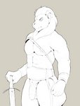 abs angry anthro flaccid genitals gladiator holding_melee_weapon holding_object holding_sword holding_weapon male melee_weapon muscular muscular_anthro muscular_male penis simple_background solo sword warrior weapon koopacap felid lion mammal pantherine 2021 digital_media_(artwork)