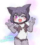 anthro black_hair blush clothing collar double_v_sign fangs female flat_chested gesture hair hand_gesture open_mouth pink_eyes short_hair solo teeth torn_clothing v_sign young young_anthro 3yo4yo5yo grey_(raizinndx) domestic_cat felid feline felis mammal hi_res