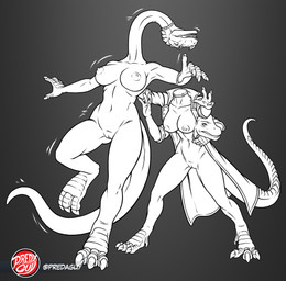 anthro big_breasts bottomless breasts claws clothed clothing coat facial_horn falling_over female genitals gradient_background grey_background headswap holding_head horn jacket jacket_only lab_coat lab_coat_only logo long_neck long_tail multi_limb navel nipples non-mammal_breasts non-mammal_navel non-mammal_nipples nose_horn scuted_feet scuted_hands scuted_tail scutes simple_background size_difference slightly_chubby slightly_chubby_anthro slightly_chubby_female surprised_face tail text toe_claws toned_body toned_female topwear topwear_only unbalanced vulva predaguy anthrosaurs european_mythology irish_mythology mythology brachiosaurid brachiosaurus ceratosaurid ceratosaurus dinosaur dullahan macronarian prehistoric_species reptile saurischian sauropod sauropodomorph scalie theropod artist_logo artist_name hi_res line_art