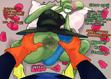 antennae_(anatomy) anthro anus bed blush butt clothing clothing_aside dialogue duo embarrassed first_person_view furniture gloves handwear looking_at_another looking_at_partner looking_back looking_back_at_another looking_back_at_partner male male/male on_bed onomatopoeia petals pillow pillow_grab rose_petals sound_effects spread_anus spread_butt spreading text drstrangeluvve hanna-barbera space_ghost_(series) brak zorak_(space_ghost) alien arthropod dokarian felid insect mammal english_text hi_res