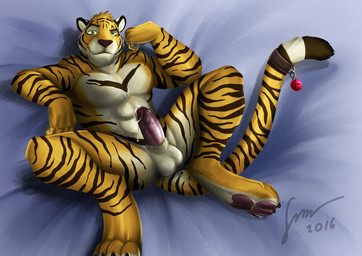 abs accessory anthro bedding bedding_background bell bodily_fluids brown_nose erection facial_markings front_view fur furgonomics genital_fluids genitals green_eyes head_markings head_tuft humanoid_genitalia humanoid_penis looking_at_viewer lying male male_anthro markings mouth_closed muscular muscular_anthro muscular_male nude on_back pawpads pecs penis precum precum_string presenting presenting_balls presenting_penis red_pawpads red_penis solo striped_arms striped_body striped_face striped_fur striped_legs striped_markings striped_tail stripes tail tail_accessory tail_bell tail_markings tuft hufnaar ulbrek felid mammal pantherine tiger 2016 dated signature