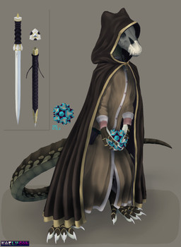 ambiguous_gender anthro barefoot bone brown_body brown_cloak brown_clothing brown_fur brown_shirt brown_topwear brown_tunic claws cloak clothing countershading dagger feet fur grey_background holding_object hood hooded_cloak medieval_clothing melee_weapon occult_symbol pentagram polyhedron pouch_(clothing) shirt simple_background skull skull_head solo standing star_polyhedron symbol tail tan_body tan_countershading topwear tunic weapon tiena arktinu_(tiena) canid canine hybrid lizard mammal reptile scalie 2022 digital_media_(artwork) hi_res shaded signature