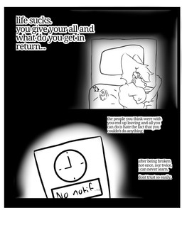 anthro black_background bodily_fluids crying male sad simple_background solo tears text kaykorr canid canine mammal 3:4 english_text hi_res monochrome