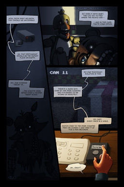 anthro beak bib blue_eyes dark desk exposed_endoskeleton eye_patch eyewear female furniture glowing glowing_eyes group machine male purple_eyes table teeth text toothed_beak 5-prime five_nights_at_freddy's five_nights_at_freddy's_2 scottgames jeremy_fitzgerald phone_guy_(fnaf) withered_chica_(fnaf) withered_foxy_(fnaf) withered_freddy_(fnaf) animatronic avian bear bird canid canine chicken fox galliform human mammal phasianid robot robot_anthro 2:3 comic english_text hi_res