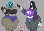 anthro big_breasts big_butt blush breasts butt claws clothed clothing curvy_figure duo female female/female fur grey_body grey_fur hair huge_butt simple_background smile thick_thighs wide_hips mehdrawings cass_(mooncheez3) mellow_(mehdrawings) nella_(sssonic2) mammal pilosan sloth xenarthran hi_res