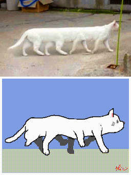 8_legs ambiguous_gender bouncing_ears comparison feral fur monotone_body monotone_fur monotone_tail multi_leg multi_limb solo tail walk_cycle walking white_body white_ears white_fur white_tail keke_(artist) domestic_cat felid feline felis mammal animated digital_media_(artwork) frame_by_frame low_res photography_(artwork) pixel_(artwork) pixel_animation redraw reference_image