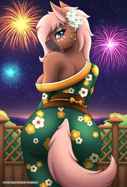 accessory anthro asian_clothing bedroom_eyes big_butt blue_eyes breasts brown_body brown_fur butt butt_focus clothed clothing east_asian_clothing female fence festival fireworks floral_print flower flower_in_hair fur hair hair_accessory holidays japanese_clothing looking_at_viewer looking_back narrowed_eyes night outside pink_hair plant sea seductive shrub silver_eyeshadow sky solo star tail water yukata diamondstorm animal_crossing chinese_zodiac lunar_new_year new_year nintendo year_of_the_horse reneigh_(animal_crossing) equid equine horse mammal hi_res