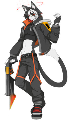 accessory anthro bangs belt big_gun black_body black_fur black_hair canvas_shoes clothing crop_top dog_tags fingerless_gloves fur gloves gun gunblade hair hair_accessory hairclip handgun handwear heat_(temperature) hoodie jacket looking_at_viewer loose_pants male orange_belt oversized_clothing ranged_weapon red_eyes red_halo revolver scar shirt simple_background skinny_male smug solo streetwear techwear topwear weapon white_body white_fur white_void yellow_eyes 9live kyu_(9live) domestic_cat felid feline felis mammal hi_res
