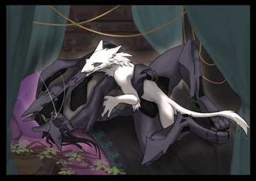 anthro anthro_on_feral bestiality black_border border duo female feral from_front_position intimate larger_female lying male male/female missionary_position on_back passionate sex size_difference smaller_male vaginal pabu_(artist) dachu_(dachubaisalis) kitty_(goosebumps) sergal talyxian talyxian_stalker absurd_res hi_res