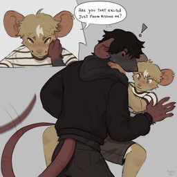 anthro black_hair blush bottomwear clothing denim denim_bottomwear denim_clothing duo ear_piercing ear_ring eye_contact footwear fur hair hairless_tail hoodie jeans looking_at_another male male/male mole_under_eye pants pattern_clothing pattern_shirt pattern_topwear piercing ring_piercing shirt side_view smile socks striped_clothing striped_shirt striped_topwear stripes t-shirt tail tail_motion tailwag tan_body tan_fur text topwear sgguzz mammal mouse murid murine rat rodent 1:1 absurd_res english_text hi_res