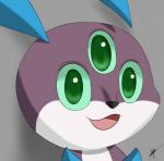 3_eyes ambiguous_gender green_eyes multi_eye open_mouth smile solo aventis_vixxx fakemon pokemon_uranium nuke_(character) fakeveelution mammal nucleon_(fakemon) headshot_portrait hi_res portrait