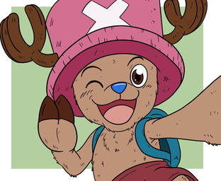 anthro antlers backpack bottomwear clothing fur hat headgear headwear hooves horn looking_at_viewer male one_eye_closed open_mouth selfie shorts smile smiling_at_viewer solo wink winking_at_viewer zangokunatenshi one_piece tony_tony_chopper deer mammal new_world_deer reindeer 2025