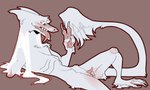 andromorph anthro blood blush bodily_fluids brown_background clitoral_hood eye_bags fur genitals gesture grey_body grey_fur hair hand_gesture intersex long_hair lying missing_arm nosebleed nude_andromorph nude_anthro on_back prehensile_clitoral_hood pussy ribs sharp_teeth simple_background slim solo tail tail_tuft teeth tongue tongue_out tuft v_sign white_hair wounded hamham_gd eek_(hamham_gd) sergal hi_res