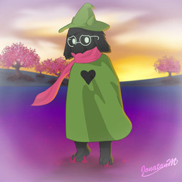 3_toes ambiguous_gender anthro barefoot black_body black_fur claws clothing eyewear feet femboy fur glasses grass green_clothing hat headgear headwear horn plant scarf sky smile solo sunset toes tree white_eyes jm-luxro deltarune undertale_(series) ralsei bovid caprine goat mammal 1:1 hi_res