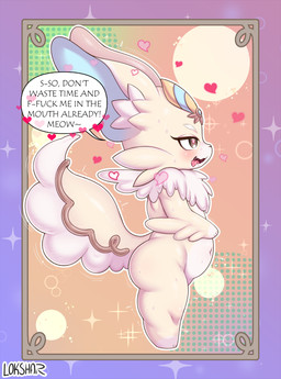 anthro biped black_nose blush bodily_fluids cheek_tuft countershade_face countershade_fur countershade_tail countershade_torso countershading dialogue eyebrows facial_tuft female fur heart_eyes heart_symbol inner_ear_fluff inviting navel neck_tuft nude open_mouth profanity saliva saliva_on_tongue shortstack solo speech_bubble sweat tail tan_body tan_fur text tongue tuft white_body white_countershading white_fur ultama_lokshar yu-gi-oh! purrely 2026 alternate_version_at_paywall english_text hi_res