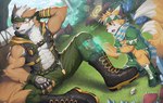 2021 abs anthro biceps boots bottomwear canid canine clothing countershading digital_media_(artwork) duo footwear fur hair male mammal muscular muscular_anthro muscular_male pants pecs ty_arashi