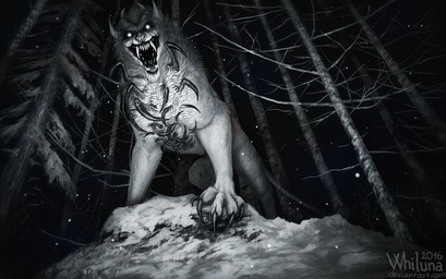 2_horns ambiguous_gender big_claws body_horror chest_legs claws creepy creepy_face dark darkness detailed_background fangs feral fluffy forest forest_background fur fuzzy glowing glowing_eyes horn horror_(theme) insect_legs long_claws long_fangs looking_at_viewer low-angle_view neck_legs night open_mouth open_smile plant pointy_ears scary sharp_teeth showing_teeth sign smile snow solo standing tail teeth tree white_body white_eyes white_fur winter whiluna demon felid feline mammal monster unknown_species 2016 black_and_white detailed greyscale monochrome shaded