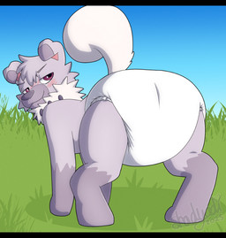 ambiguous_gender blush blush_lines butt clean_diaper clothed clothing curled_tail detailed_background diaper diaper_fetish diaper_only digitigrade feral floppy_ears fur gloves_(marking) grass grey_body grey_fur grey_nose half-closed_eyes heart_symbol leg_markings looking_back markings narrowed_eyes pink_inner_ear plant presenting presenting_hindquarters sky socks_(marking) solo standing tail text topless wearing_diaper white_diaper shadyadi nintendo pokemon generation_7_pokemon pokemon_(species) rockruff artist_name full-length_portrait hi_res letterbox portrait signature