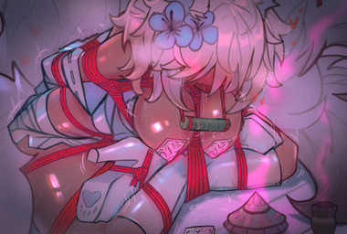 accessory arms_tied bdsm big_breasts bit_gag bodily_fluids bondage boots bound breasts clothing female flower flower_in_hair fluffy fluffy_tail footwear fox_ears gag hair hair_accessory hands_behind_back heart_symbol high_heeled_boots high_heels legs_tied multi_tail ofuda ofuda_on_breast pasties plant restraints rope rope_bondage shoes solo sweat tail talisman white_boots white_clothing white_footwear white_hair ehrrr tsuru_(ehrrr) animal_humanoid canid canid_humanoid canine canine_humanoid fox_humanoid humanoid mammal mammal_humanoid 2025 hi_res