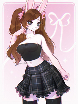 accessory anthro black_clothing black_crop_top black_eyes black_legwear black_shirt black_stockings black_topwear bottomwear bow_ribbon brown_hair clothing collarbone crop_top eyelashes female hair hair_accessory hair_bow hair_ribbon heart_pupils heart_symbol legwear long_hair looking_at_viewer midriff navel pink_bow pink_nose ribbons shirt skirt slim solo stockings thigh_highs topwear twintails_(hairstyle) white_body cepto_(artist) lagomorph leporid mammal rabbit 2024 3:4 colored digital_drawing_(artwork) digital_media_(artwork) hi_res shaded
