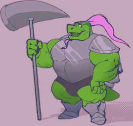 anthro armor boots briefs bulge clothing eyebrows facial_hair footwear goatee green_body hair hammer male mature_male pink_hair ponytail shoes solo thick_eyebrows tools unconvincing_armor underwear caasiaxort deltarune undertale_(series) gerson gerson_boom_(deltarune) reptile scalie turtle hi_res