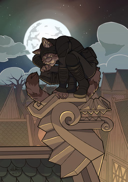 anthro armor building crouching detailed_background full_moon house leather leather_armor male markings moon night on_roof outside plant pouch_(clothing) smile solo striped_markings striped_tail stripes tail tail_markings tree a_littlecrazy microsoft the_elder_scrolls felid khajiit mammal 2015 digital_media_(artwork) hi_res