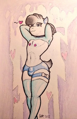 anthro bulge clothing crop_top femboy fur grey_body grey_fur heart_symbol legwear male pasties shirt solo sticker tail tail_tuft thigh_highs tight_clothing topwear tuft underwear white_body white_fur pseudokym reimy_(pseudokym) bovid caprine goat mammal colored_pencil_(artwork) pen_(artwork) portrait three-quarter_portrait traditional_media_(artwork)