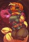 2014 anthro anthrofied applejack_(mlp) atryl belt biped blonde_hair breasts clothed clothing digital_media_(artwork) earth_pony equid equine female food friendship_is_magic fruit green_eyes hair hasbro hi_res horse jack-o'-lantern long_hair mammal my_little_pony plant pony pumpkin solo standing tongue tongue_out