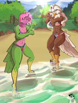 abs anthro beach breasts female fight flag_clothing grass muscular muscular_anthro muscular_female non-mammal_breasts plant sand sea tree water spar accipitrid accipitriform avian bird eagle parrot absurd_res hi_res