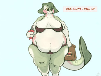 anthro belly cellulite clothed clothing fast_food female fin fish_tail food obese overweight overweight_female partially_clothed solo thick_thighs weight_gain weight_gain_sequence qapricore rowenna_"ro"_uppstream aquatic fish rainbow_trout salmonid_(fish) trout 4:3 colored_sketch hi_res sketch