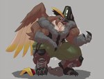 3_fingers anthro avian_feet beak biceps big_biceps big_muscles big_pecs biped black_body black_claws black_feathers bottomwear brown_body brown_feathers claws clothed clothing cybernetics feathered_wings feathers feet finger_claws fingers front_view fully_clothed grey_background huge_muscles huge_thighs hyper hyper_muscles kneeling machine male motion_lines multicolored_body multicolored_feathers muscular muscular_anthro muscular_male muscular_thighs open_beak open_mouth pecs pink_tongue quads scuted_arms scutes shadow simple_background solo talons tan_body tan_feathers thick_thighs toe_claws toes tongue topwear torn_clothing torn_topwear triceps vein veiny_muscles winged_arms wings yellow_body yellow_feathers signirsol battleborn gearbox benedict_(battleborn) accipitrid accipitriform avian bird 2016 digital_media_(artwork) shaded