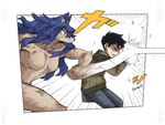 anthro black_hair blocking blood blue_hair bodily_fluids breasts bruised canid canine canis catch catching clothed clothing comic dialogue digital_media_(artwork) duo eyes_closed featureless_breasts female group hair hi_res human male mammal mythological_canine mythological_creature mythology page_(disambiguation) rekidesu ren_(rekidesu) rock series_(disambiguation) throwing_object tsukiko_(rekidesu) were werecanid werecanine werewolf wolf yellow_eyes
