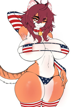 ahoge american_flag_bikini american_flag_elbow_gloves american_flag_thigh_highs anthro areola areola_slip armwear bell bell_collar big_breasts bikini black_nose breasts brown_hair clothed clothing collar curvy_figure cute_fangs elbow_gloves eyebrows eyelashes fangs female flag_bikini flag_swimwear fur gloves hair hand_behind_head handwear huge_breasts legs_together legwear long_hair looking_at_viewer multicolored_body multicolored_fur navel one_eye_closed red_eyes simple_background small_waist smile solo standing swimwear tan_body tan_fur teeth thick_thighs thigh_highs two-piece_swimsuit two_tone_body two_tone_fur voluptuous white_background white_body white_fur wide_hips mrgolla felid lion mammal pantherine 2026 hi_res