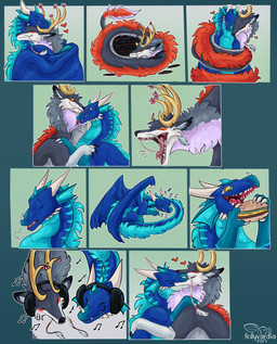 antlers blep blue_body blue_scales burger cheek_tuft claws disc duo eating electronics facial_tuft feral flower food french_kissing fur grey_body grey_fur headphones horn hug kissing licking listening_to_music mane membrane_(anatomy) membranous_wings mouth_shot neck_tuft open_mouth plant red_body red_fur roaring scales sigh sighing sleeping teeth tongue tongue_out tuft vinyl_record whiskers white_body white_fur wings yellow_eyes hollyvardia mythology dragon eastern_dragon mythological_creature mythological_scalie scalie hi_res