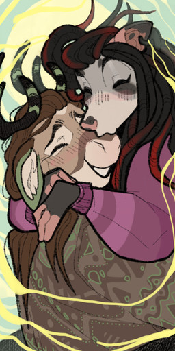anthro black_hair blush brown_body brown_hair clothed clothing dreadlocks duo eyes_closed grey_body hair horn kissing simple_background nitani american_opossum deer mammal marsupial 2023 absurd_res hi_res