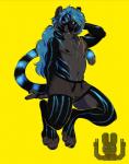 anthro black_body black_fur blind_eye blue_body blue_fur blue_hair fur grey_body grey_fur hair long_hair male melanistic red_eyes scar solo bitley carmeo_(character) felid mammal pantherine tiger