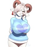 big_breasts bottomless bovid bovine breasts caprine clothed clothing ear_piercing ear_tag female furball hi_res horn huge_breasts lucibelle mammal piercing sheep sweater topwear turtleneck