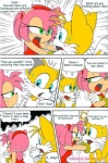 amy_rose angry anthro canid canine comic dialogue duo embarrassed english_text eulipotyphlan female fox fur hedgehog karate_akabon kiss_mark male mammal miles_prower pink_body pink_fur sega sonic_the_hedgehog_(series) text