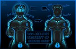 anthro biped blue_hair bodily_fluids clothing dialogue directional_arrow drone dronesuit dronification edging ellipsis fur hair hands_behind_back hypnosis hypnotic_eyes hypnotic_visor latex latex_clothing latex_skinsuit lock_bulge lock_symbol male mind_control null_bulge nullification obedient pecs red_eyes resisting shaking shivering simple_background skinsuit solo spiral_eyes standing teasing text tight_clothing tilde_after_text bullgator hyena mammal spotted_hyena 2025 english_text hi_res