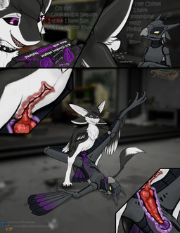 3_fingers 3_toes 4_ears 4_toes 5_panel_comic animal_genitalia animal_penis animal_vulva anthro anthro_on_anthro anthro_penetrated anthro_penetrating anthro_penetrating_anthro anthro_penetrating_female beak biped black_body black_claws black_feathers black_finger_claws black_fur black_genitals black_hair black_sclera black_toe_claws black_vulva blurred_background bodily_fluids box breath canine_genitalia canine_vulva cervix chest_tuft claws close-up collar container countershading cutaway dialogue digitigrade directional_arrow dominant dripping duo enjoying erection feathered_wings feathers feet female female_anthro female_on_bottom female_penetrated finger_claws fingers flexible fluffy from_front_position fucked_silly fur furniture genital_fluids genital_slit genitals grabbing grey_body hair head_tilt holding_box holding_container holding_leg holding_leg_up holding_object inside internal internal_vaginal intersex intersex/female intersex_on_top intersex_penetrating intersex_penetrating_female interspecies intravaginal_penis knot knotted_penis knotted_tapering_penis knotting leg_glider_position leg_grab looking_at_another looking_pleasured lying machine maleherm maleherm/female maleherm_on_top maleherm_penetrating maleherm_penetrating_female markings mischievous_smile modular modular_genitalia multi_ear multicolored_body multicolored_feathers multicolored_tail narrowed_eyes nude nude_anthro on_back on_bottom on_top one_leg_up onomatopoeia open_mouth panting penetration penile penile_penetration penis penis_in_vagina pink_genitals purple_body purple_eyes purple_genitals purple_markings purple_vulva question_mark raised_leg scissor_position scissored_leg_glider_position sex smile smug sound_effects speech_bubble spiked_collar spikes splits spread_legs spreading standing tail talons tapering_penis teeth text toe_claws toes tongue tuft tufted_fur uterus vaginal vaginal_fluids vaginal_fluids_on_penis vaginal_fluids_on_vulva vaginal_knotting vaginal_penetration vertical_splits vulva white_body white_feathers white_fur winged_arms wings x-ray_view yellow_eyes project76 chime_(clawswork) fyr_(fenrir784) android avali avian bird robot synth_(vader-san) 2026 absurd_res colored comic detailed digital_drawing_(artwork) digital_media_(artwork) english_text hi_res signature url male_(lore)