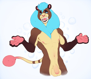 anthro balls big_balls biped flaccid foreskin genitals hair humanoid_genitalia humanoid_penis looking_at_viewer male nipples nude open_mouth penis solo spazzyhusky felid lion mammal pantherine absurd_res digital_media_(artwork) hi_res source_request